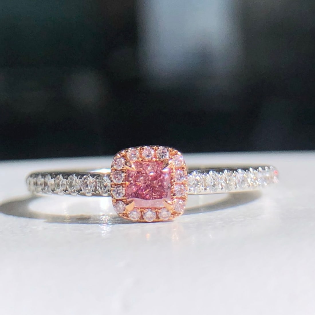 14k Gold 0.32 Ctw Natural Pink Diamond & Diamond Ring: Ref:231082005 // gold content:14k gold // ring size:7. 25us // // main gemstone:pink diamond // shape:cushion // carat weight:0. 15ct // color:pink // treatment:natural // // adjacent gemstone 2 :