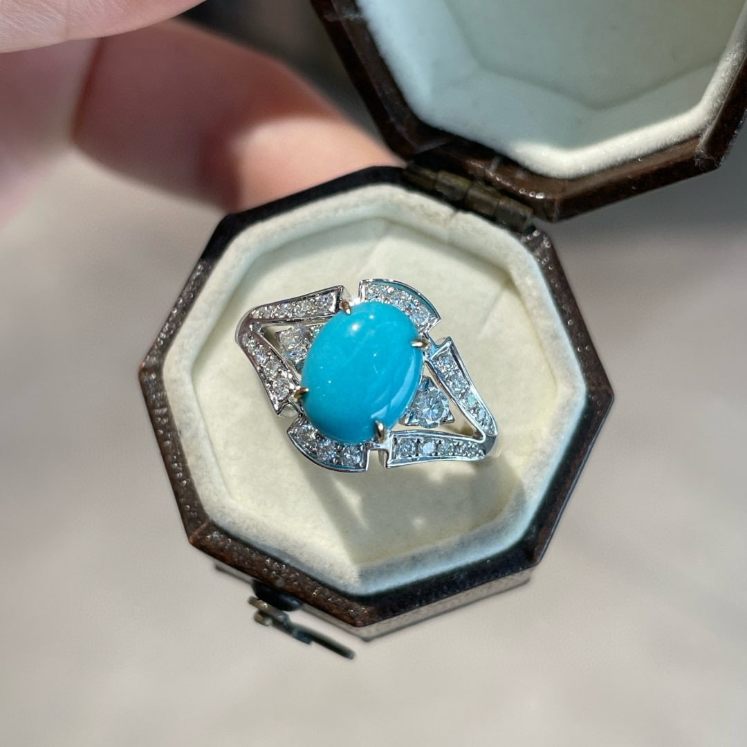 14k Gold 2.3 Ct Natural Blue Turquoise & Diamond Ring - 3