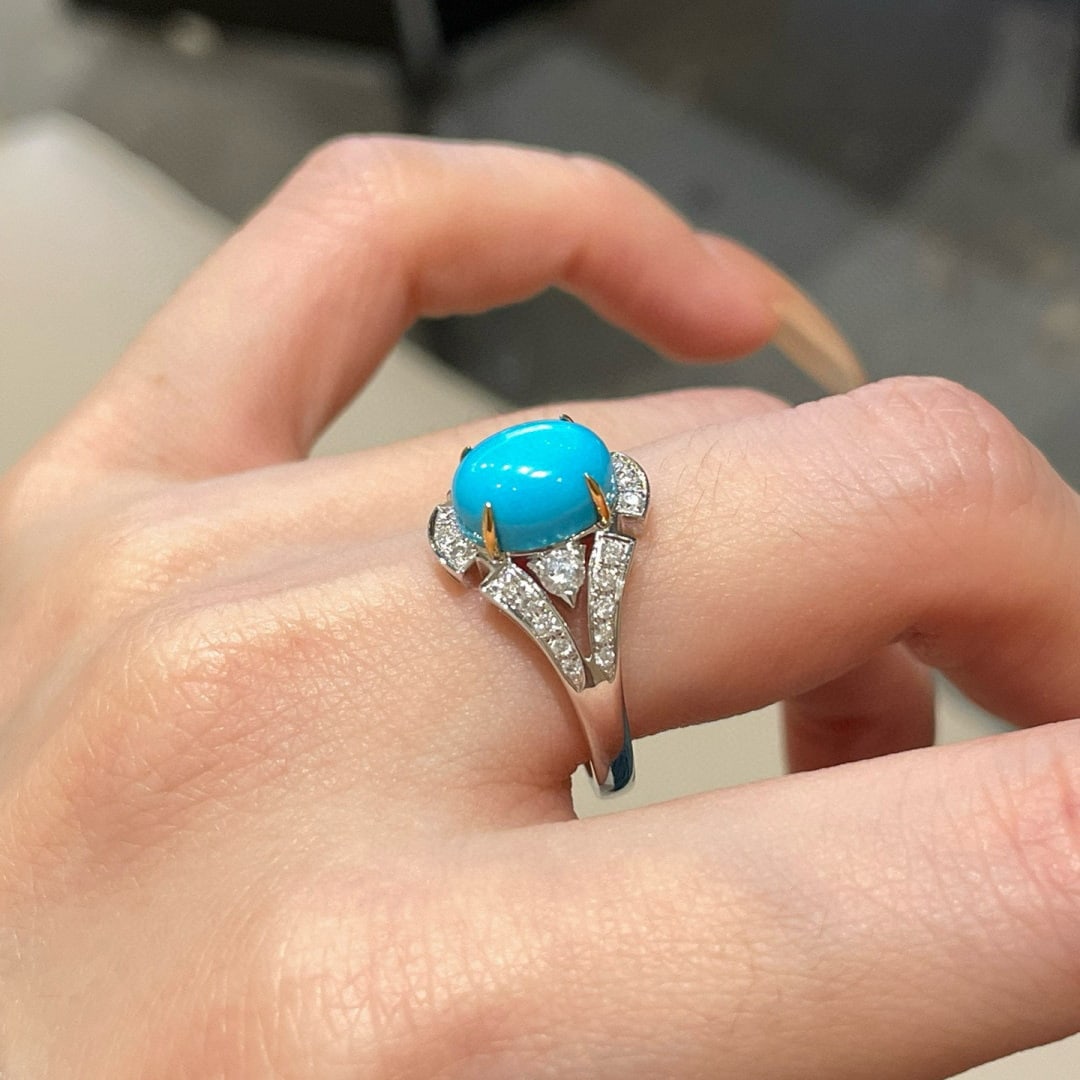 14k Gold 2.3 Ct Natural Blue Turquoise & Diamond Ring - 5
