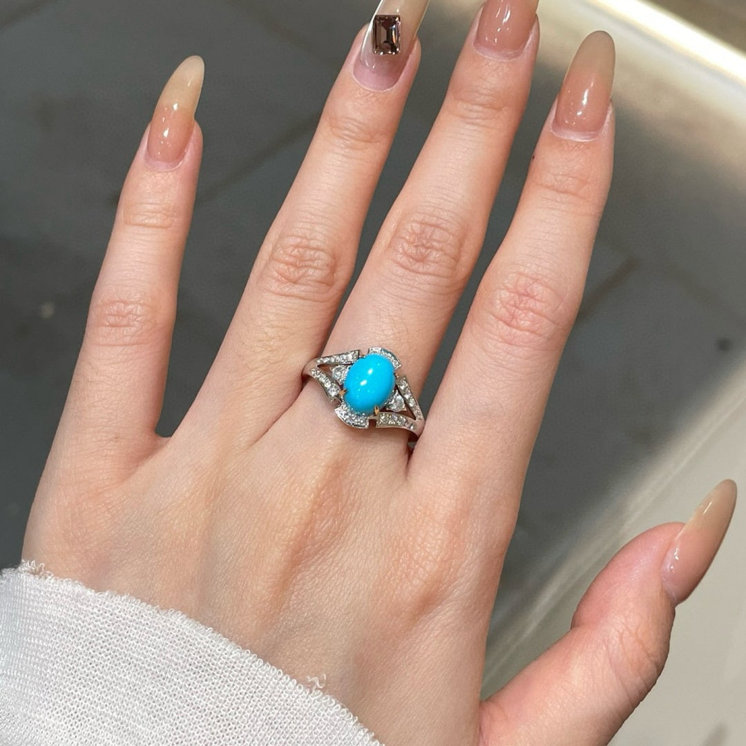 14k Gold 2.3 Ct Natural Blue Turquoise & Diamond Ring - 6