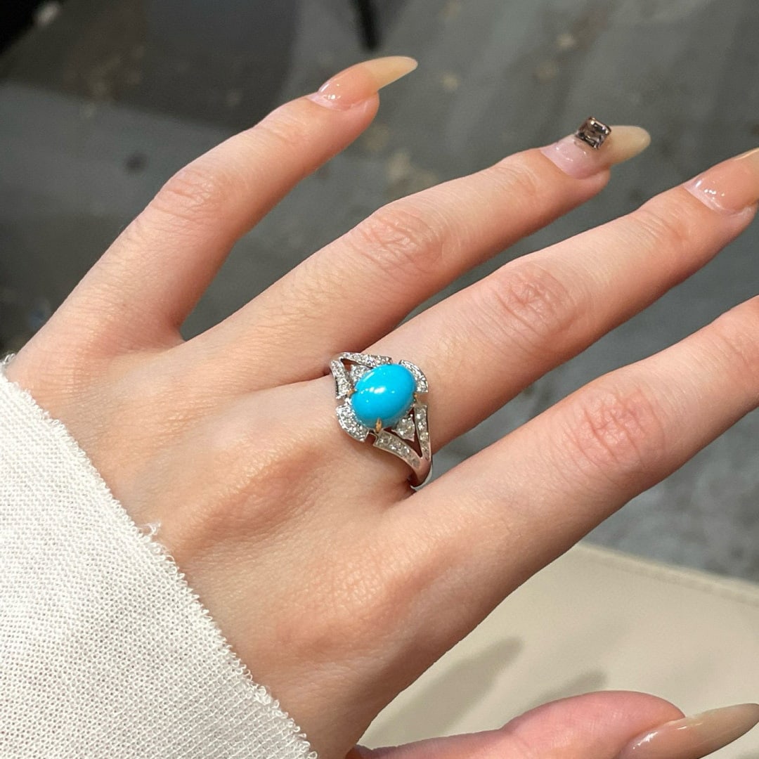 14k Gold 2.3 Ct Natural Blue Turquoise & Diamond Ring - 7