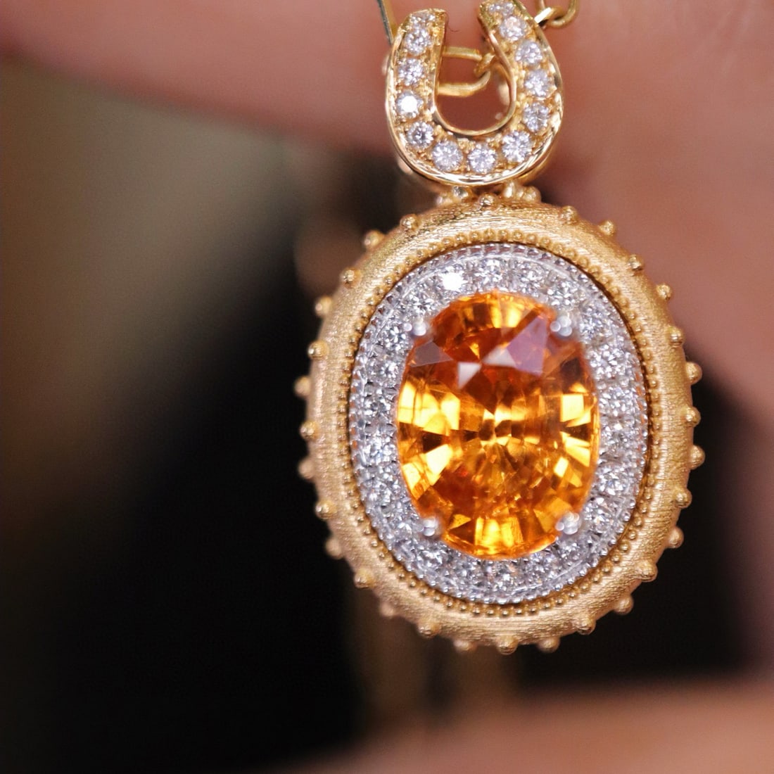 14k Gold 2.38 Ctw Natural Spessartine & Diamond Pendant( Without Chain ): Ref:231082052 // gold content:14k gold // main gemstone:spessartine // shape:oval // carat weight:2. 22ct // color:orange // treatment:natural // // adjacent gemstone 2 : diamond // shape:round //