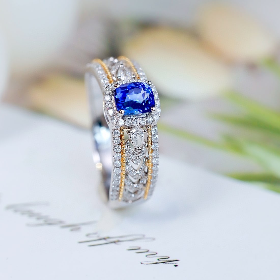 14k Gold 1.13 Ctw Natural Sapphire & Diamond Ring: Ref:231082098 // gold content:14k gold // ring size:7. 25us // // main gemstone:sapphire // shape:cushion // carat weight:0. 73ct // color:blue // treatment:natural // // adjacent gemstone 2 :