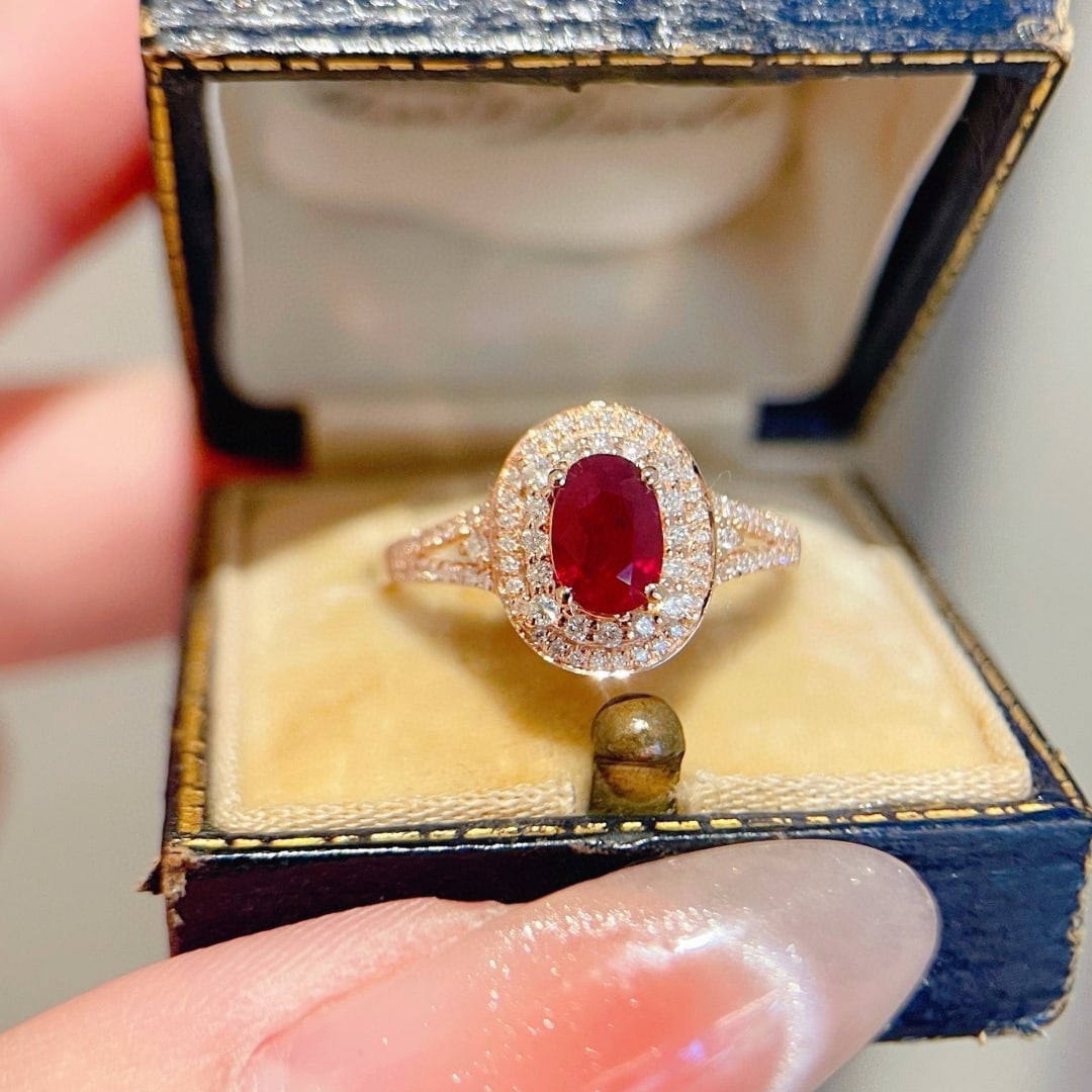 14k Gold 1.1 Ctw Natural Ruby & Diamond Ring: Ref:231082138 // gold content:14k gold // ring size:7. 25us // // main gemstone:ruby // shape:oval // carat weight:0. 8ct // color:red // treatment:natural // // adjacent gemstone 2 : diamond //