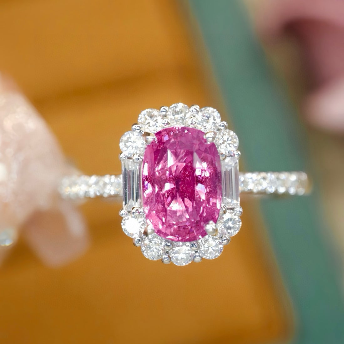 14k Gold 1.95 Ctw Natural Padparadscha Sapphire & Diamond Ring: Ref:231082163 // gold content:14k gold // ring size:7. 25us // // main gemstone:padparadscha sapphire // shape:oval // carat weight:1. 59ct // color:orangish pink // treatment:natural // // adjacent