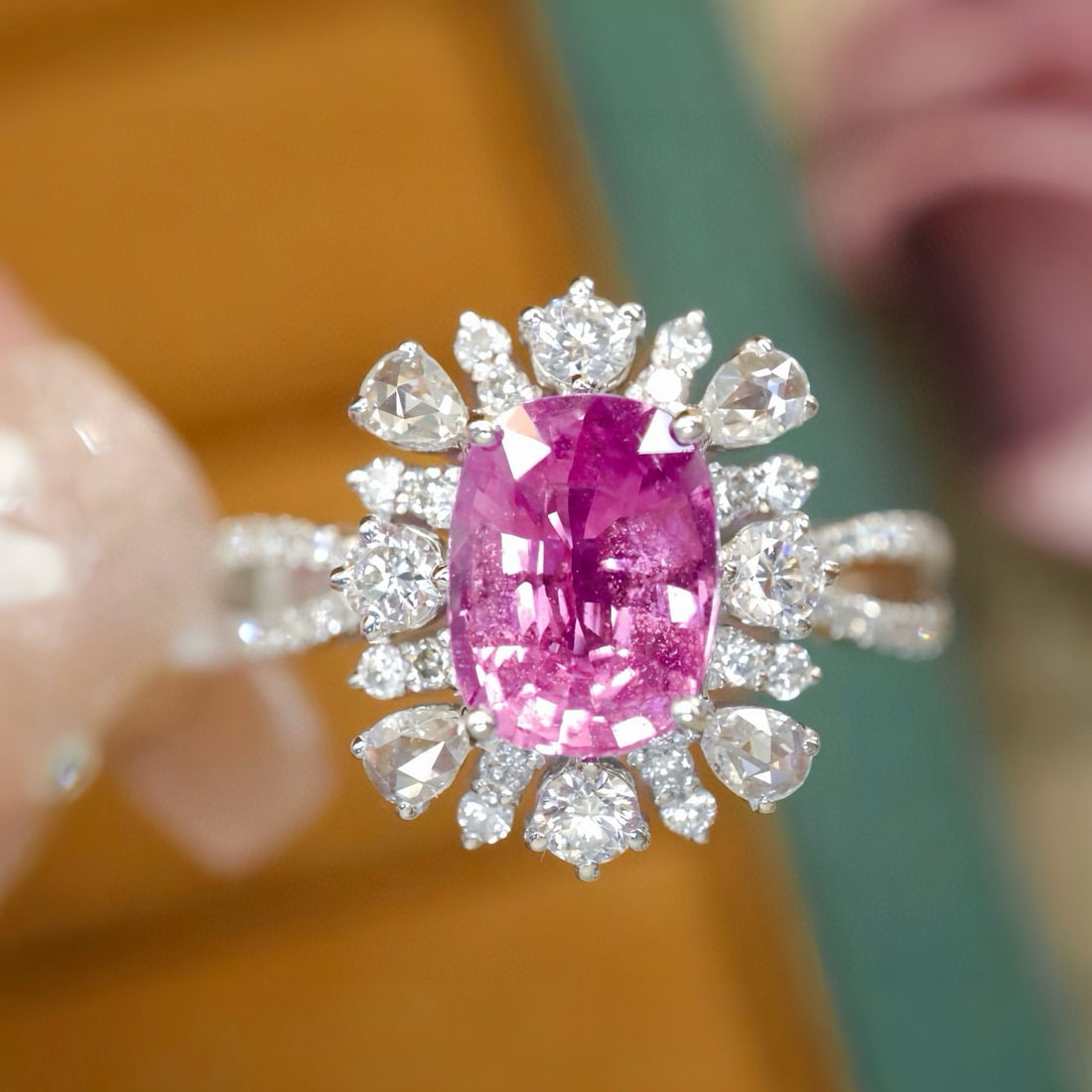 14k Gold 2.22 Ctw Natural Padparadscha Sapphire & Diamond Ring: Ref:231082170 // gold content:14k gold // ring size:7. 25us // // main gemstone:padparadscha sapphire // shape:cushion // carat weight:1. 63ct // color:orangish pink // treatment:natural // //