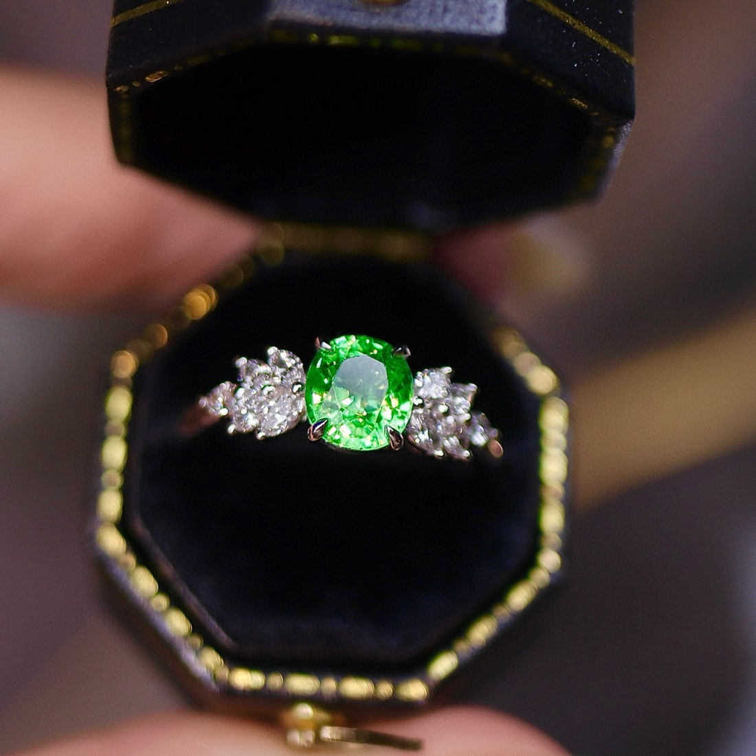 14k Gold 1.62 Ctw Natural Tsavorite & Lab Grown Diamond Ring: Ref:231082173 // gold content:14k gold // ring size:7. 25us // // main gemstone:tsavorite // shape:oval // carat weight:1. 22ct // color:green // treatment:natural // // adjacent gemstone 2 : lab