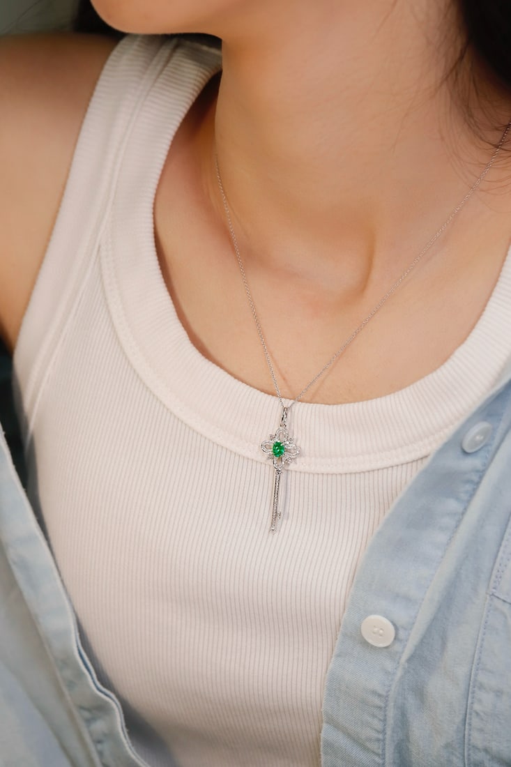 14k Gold 0.57 Ctw Vivid Green Natural Emerald & Diamond Pendant( Without Chain ) - 3