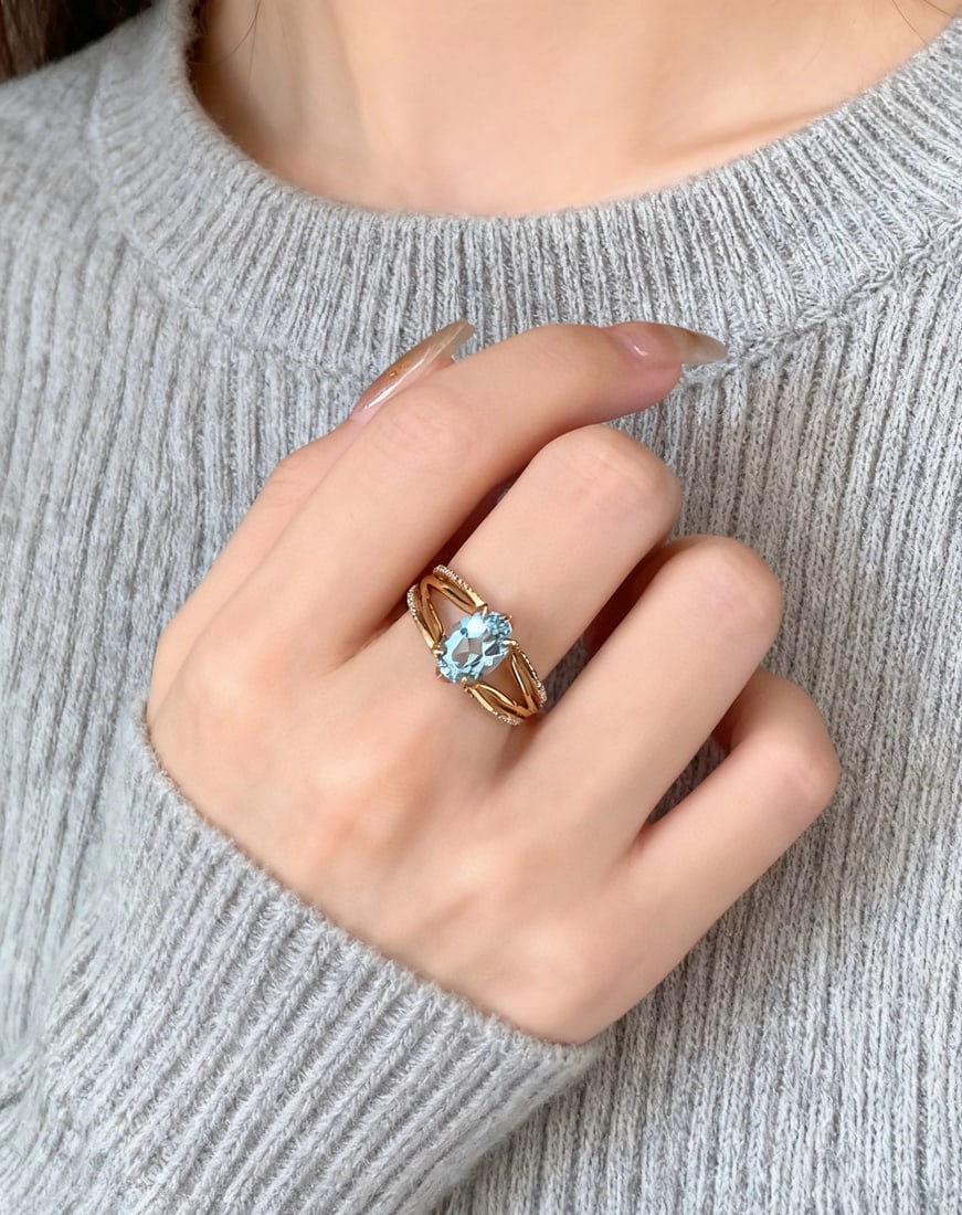 14k Gold 1.20 Ct Natural Aquamarine & Diamond Ring - 3