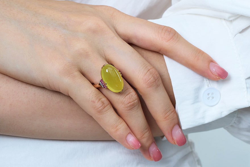 14k Gold 15.1 Ct Natural Prehnite & Diamond & Ruby Ring - 8