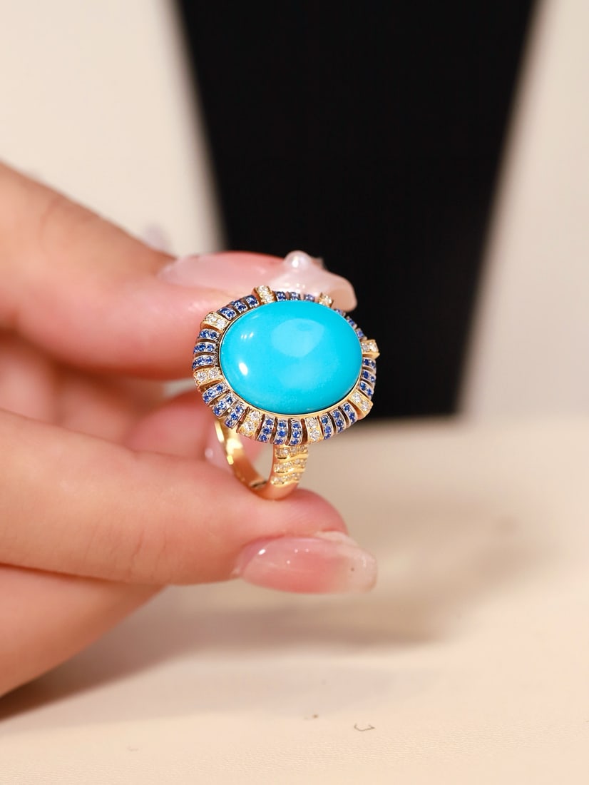 14k Gold 7.33 Ctw Natural Blue Turquoise & Diamond Ring - 3