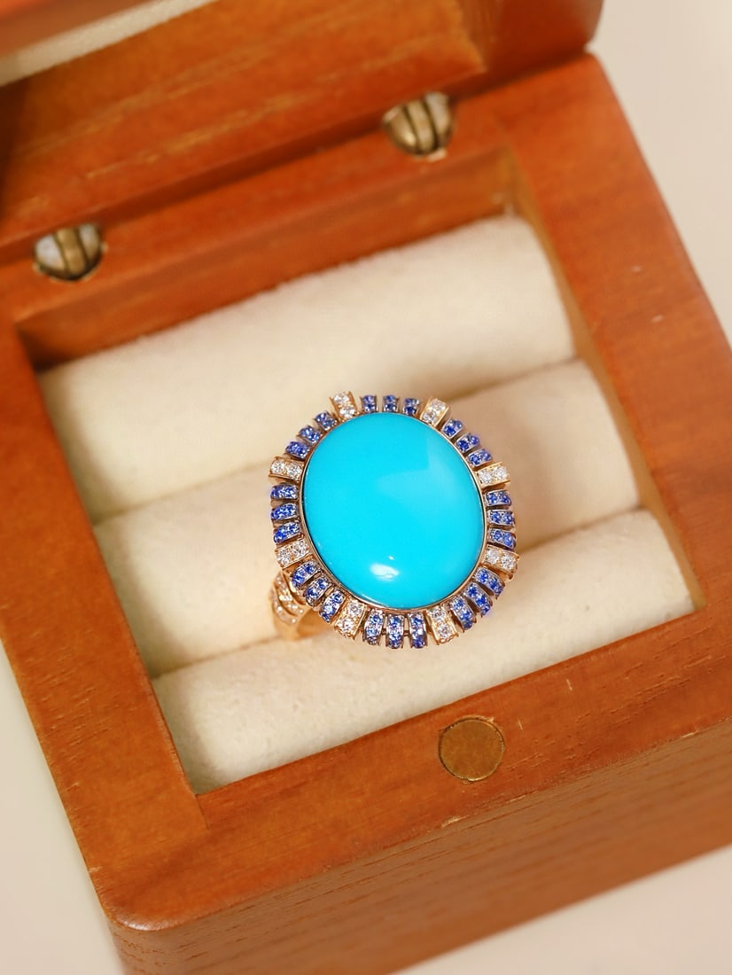 14k Gold 7.33 Ctw Natural Blue Turquoise & Diamond Ring - 4