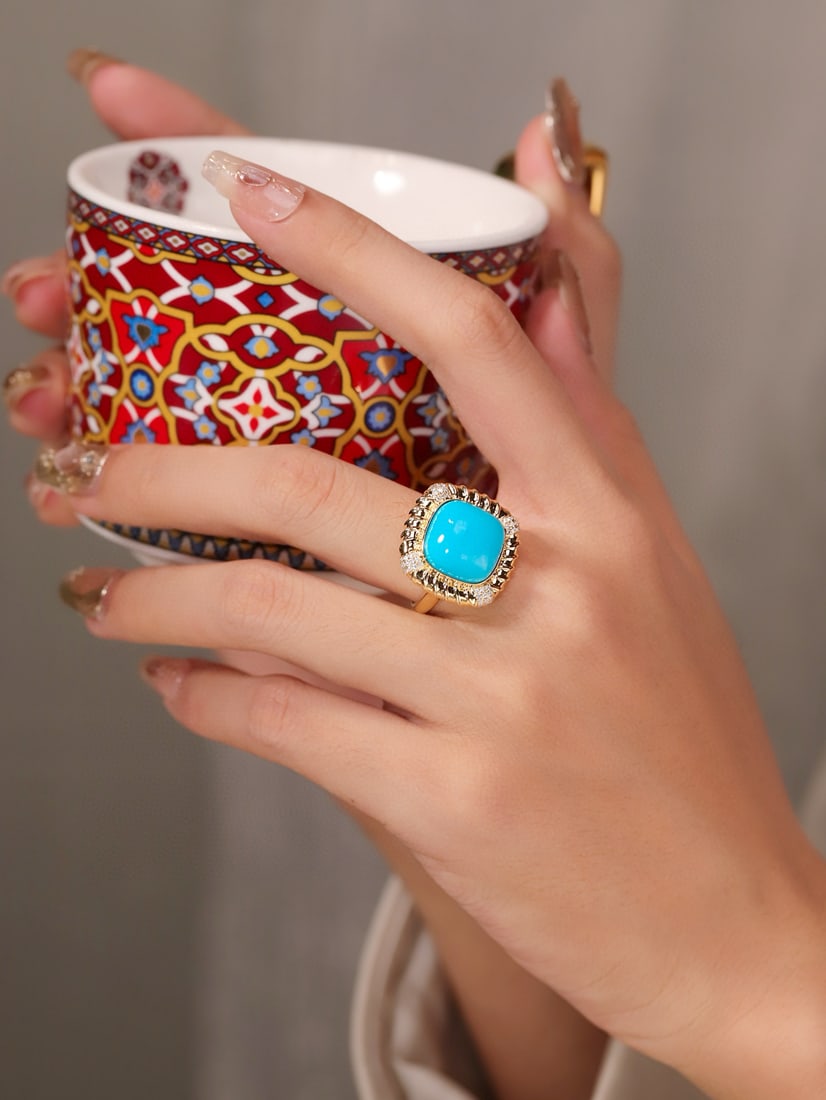 14k Gold 11.63 Ctw Natural Blue Turquoise & Diamond Ring - 2