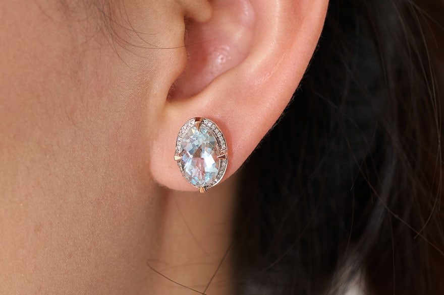 14k Gold 3.66 Ct Natural Aquamarine & Diamond Earrings - 7