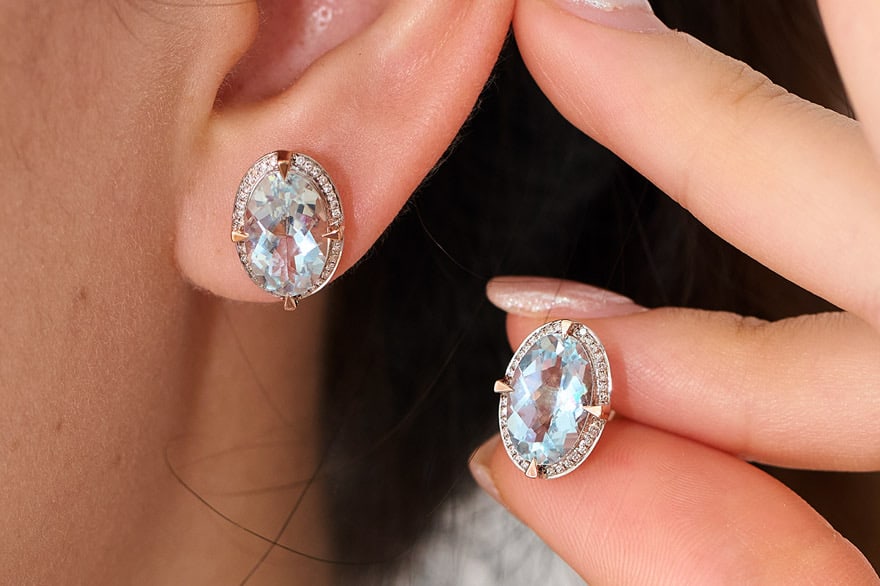 14k Gold 3.66 Ct Natural Aquamarine & Diamond Earrings - 8