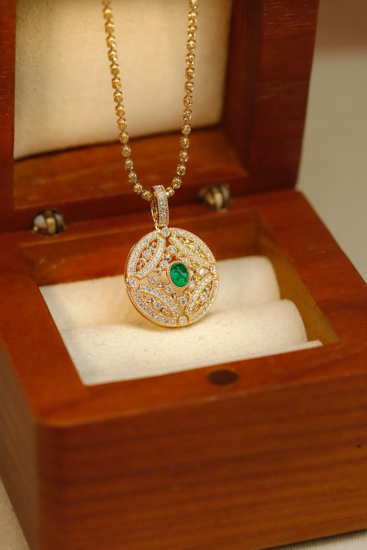 14k Gold 0.42 Ctw Vivid Green Natural Emerald & Diamond Pendant( Without Chain ) - 2