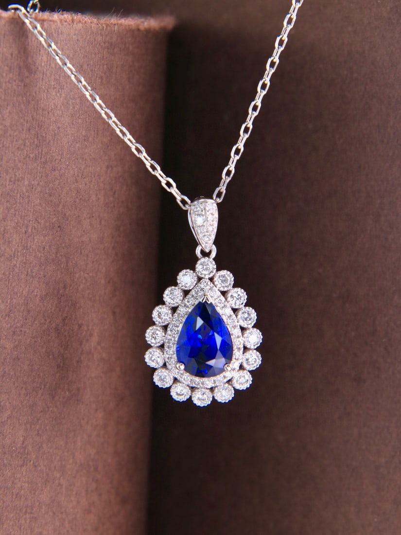 14k Gold 1.44 Ctw Natural Sapphire & Diamond Necklace: Ref:231082283 // gold content:14k gold // main gemstone:sapphire // shape:pear // carat weight:1. 19ct // color:royal blue // treatment:natural // // adjacent gemstone 2 : diamond // shape:round //