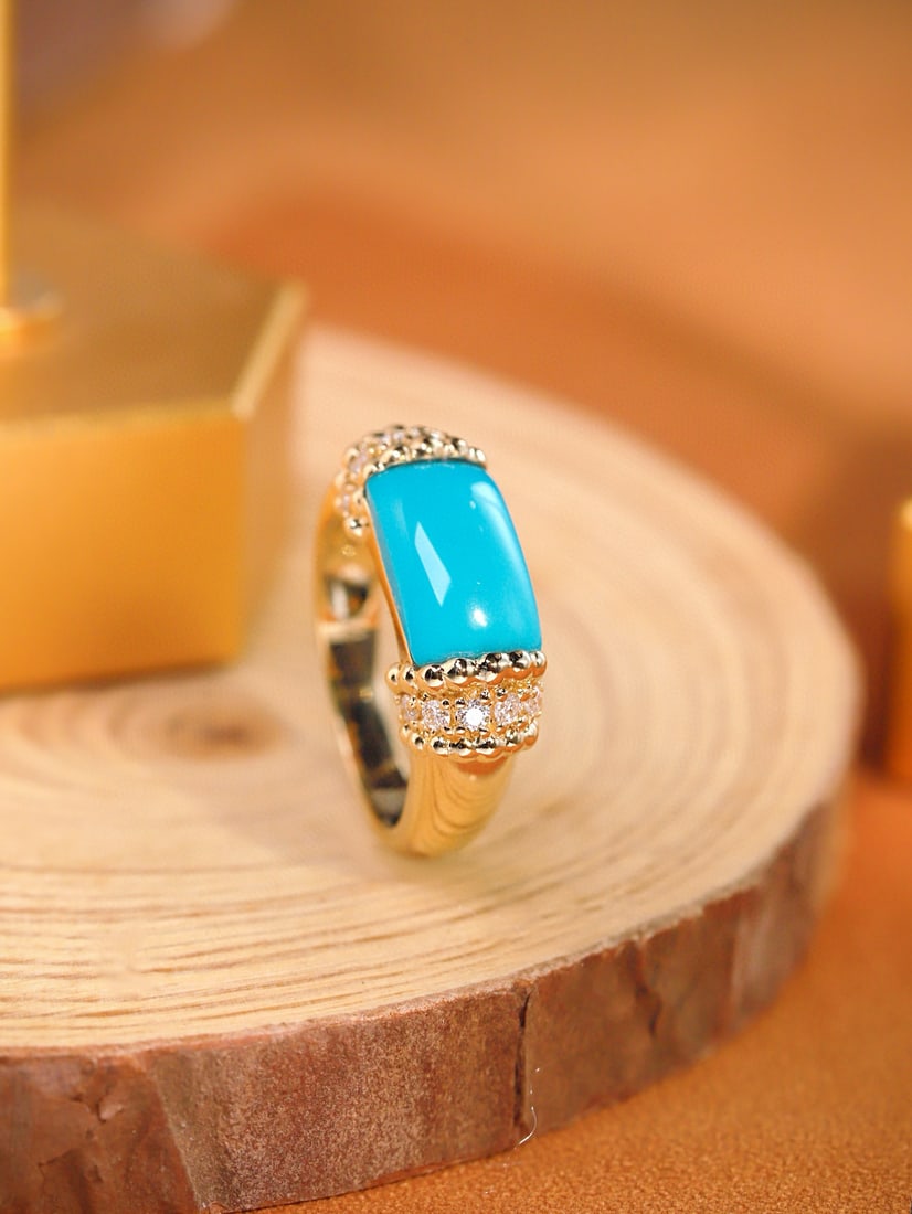 14k Gold 3.28 Ctw Natural Blue Turquoise & Diamond Ring: Ref:231082288 // gold content:14k gold // ring size:7. 25us // // main gemstone:blue turquoise // shape:rectangle // carat weight:3. 02ct // color:blue // treatment:natural // // adjacent gemstone 2