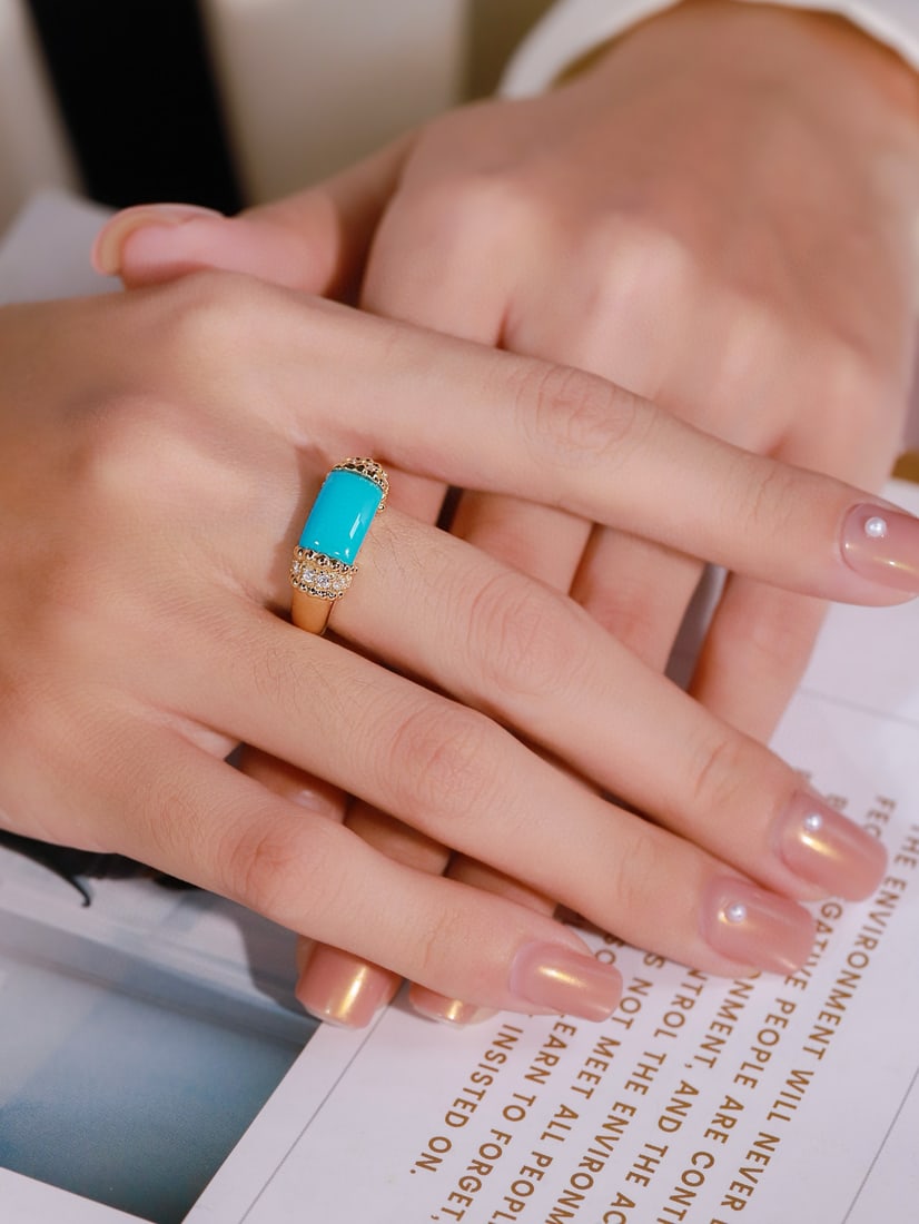 14k Gold 3.28 Ctw Natural Blue Turquoise & Diamond Ring - 5