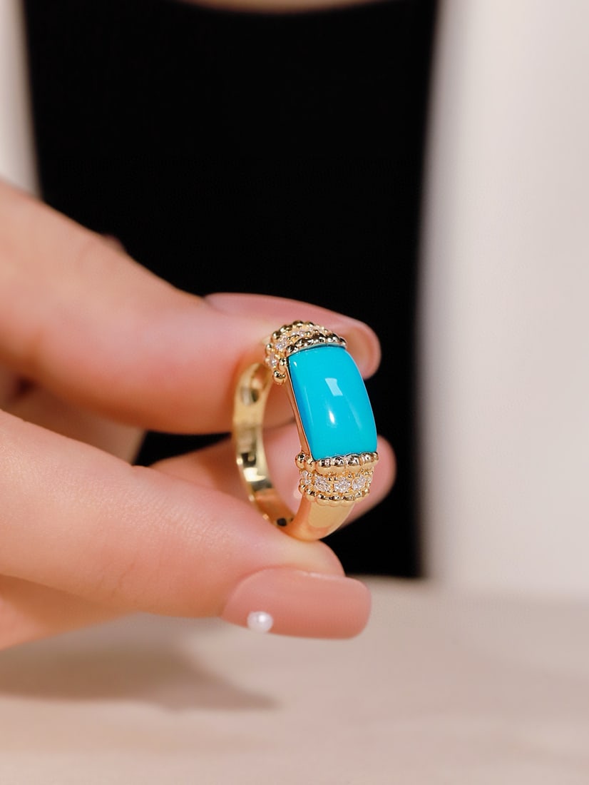 14k Gold 3.28 Ctw Natural Blue Turquoise & Diamond Ring - 6