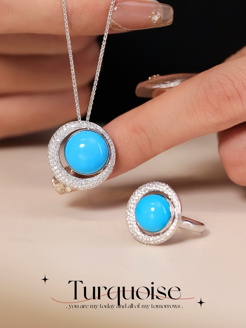 14k Gold 13.54 Ctw Natural Blue Turquoise & Diamond Jewelry Set: Ref:231082290 // gold content:14k gold // ring size:7. 25us // // necklace // main gemstone:blue turquoise // shape:round // carat weight:7. 13ct // color:blue // treatment:natural // cut grade:g //