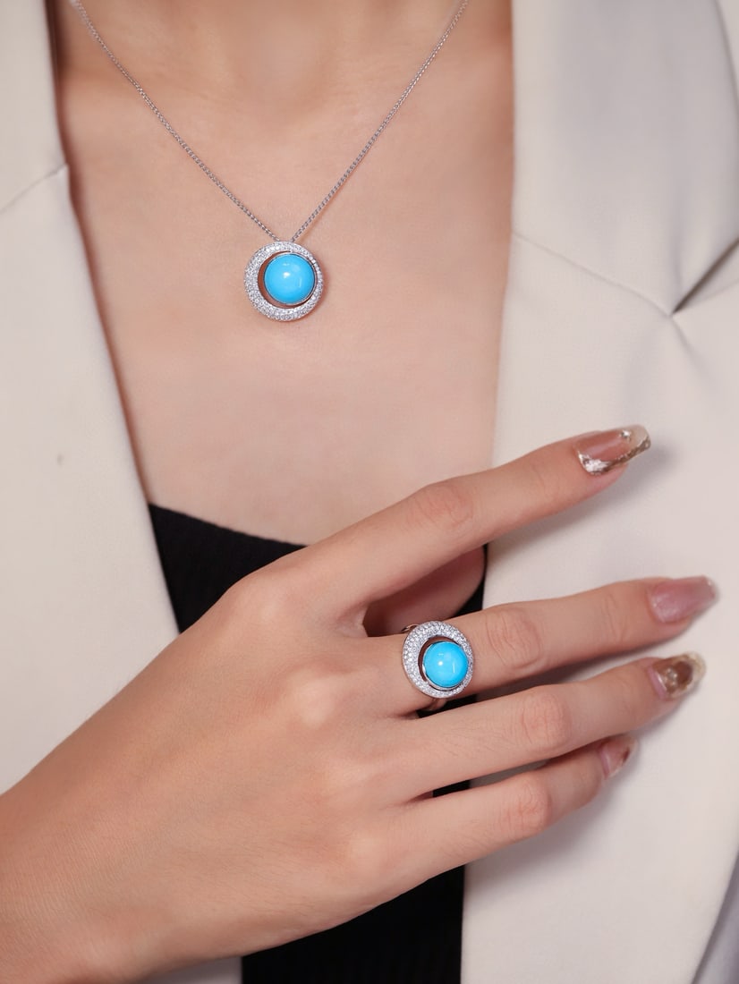 14k Gold 13.54 Ctw Natural Blue Turquoise & Diamond Jewelry Set - 2