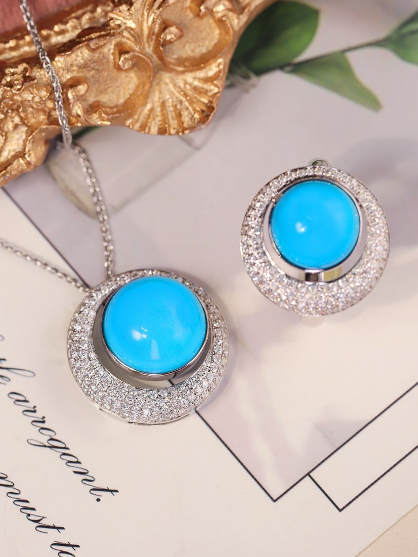 14k Gold 13.54 Ctw Natural Blue Turquoise & Diamond Jewelry Set - 3