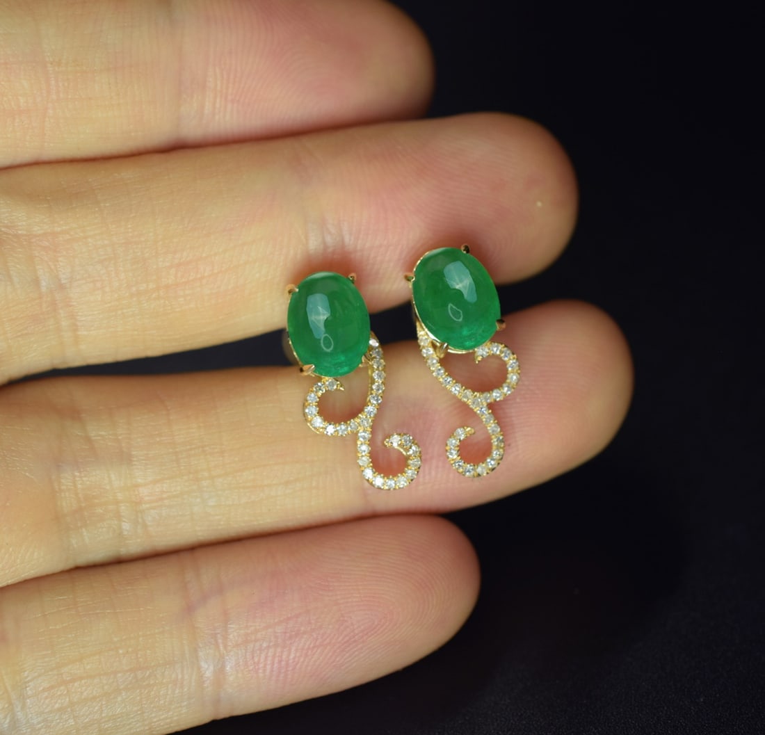14k Gold 3.05 Ct Natural Emerald & Diamond Earrings - 2