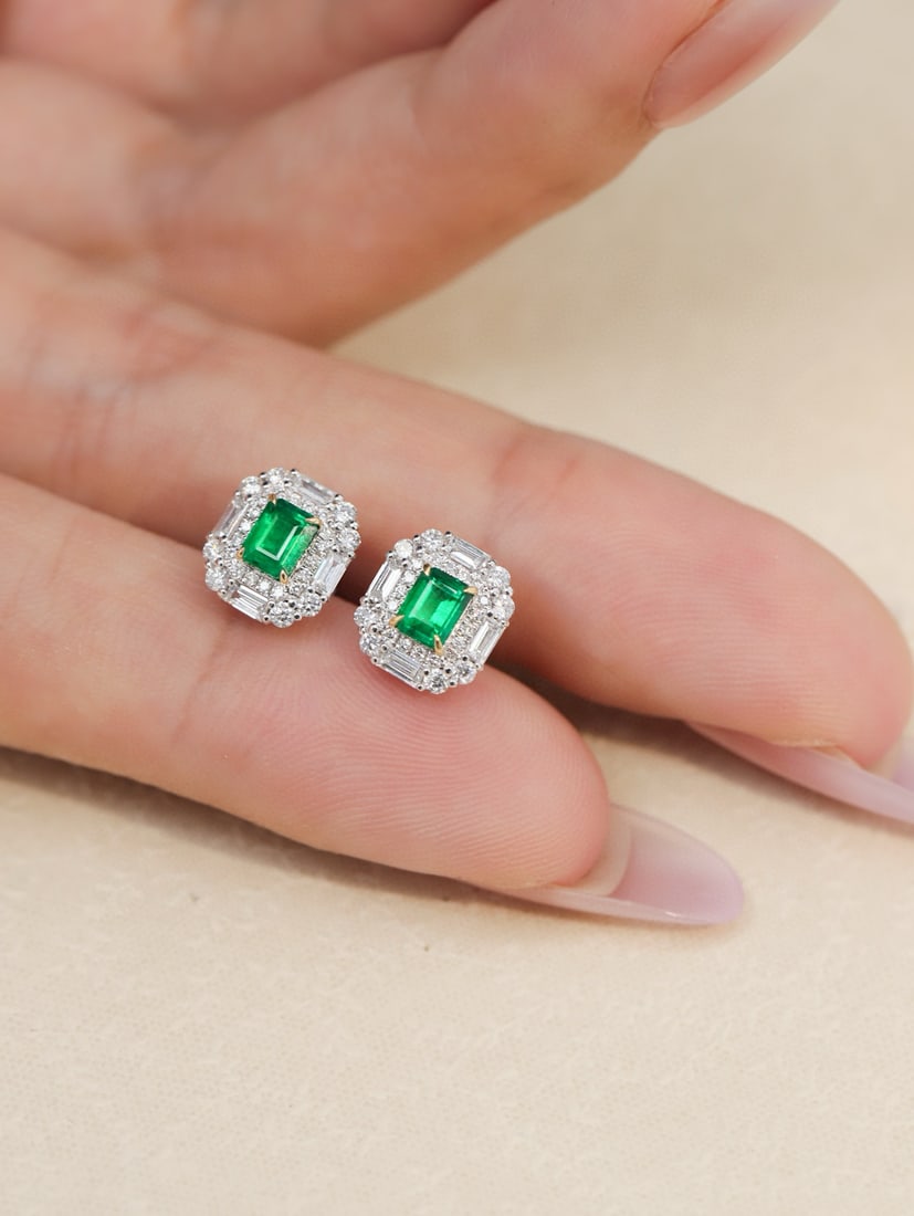 14k Gold 1.24 Ctw Vivid Green Natural Emerald & Diamond Earrings - 4