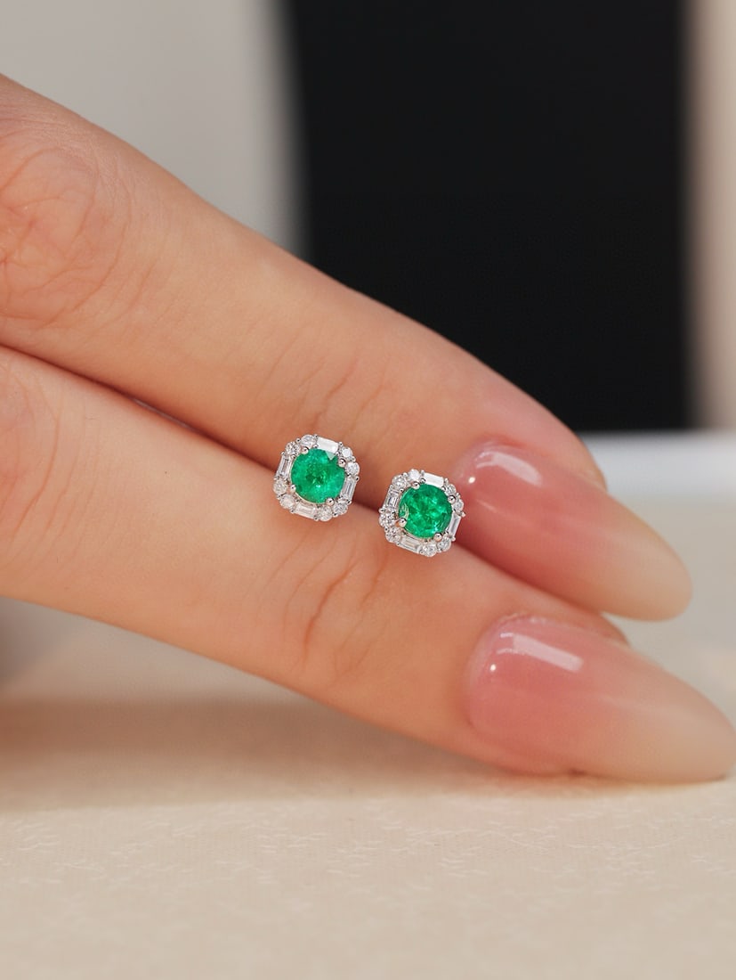 14k Gold 0.65 Ctw Vivid Green Natural Emerald & Diamond Earrings - 4