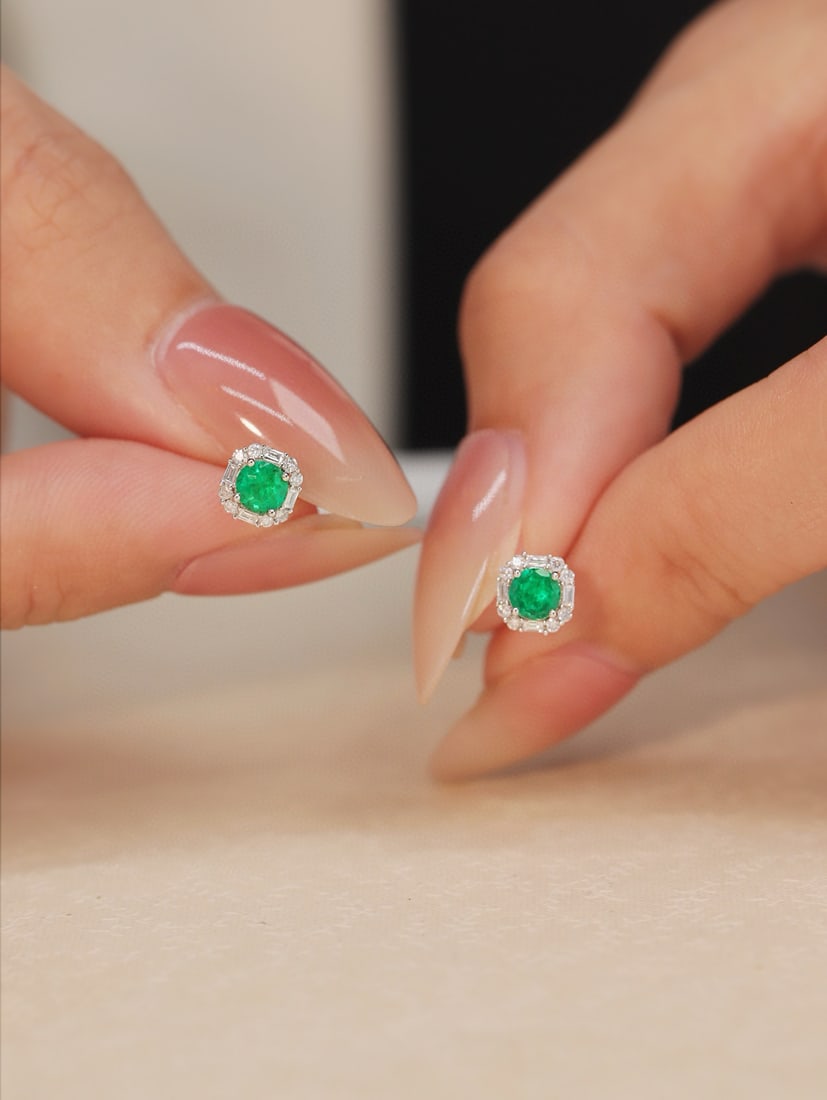 14k Gold 0.65 Ctw Vivid Green Natural Emerald & Diamond Earrings - 6