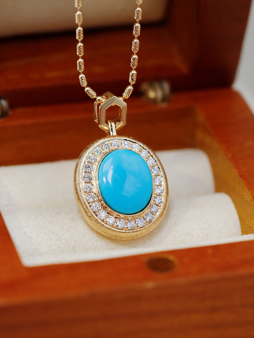 14k Gold 2.67 Ctw Natural Blue Turquoise & Diamond Pendant( Without Chain ) - 3