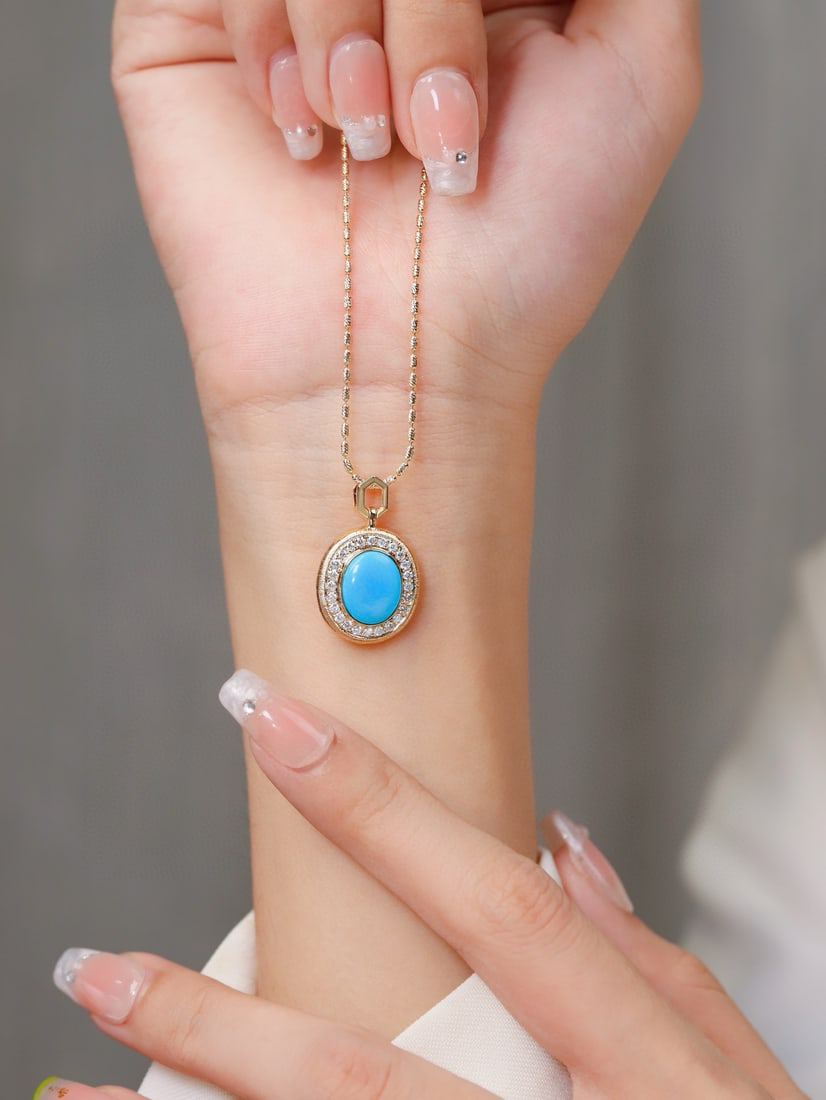 14k Gold 2.67 Ctw Natural Blue Turquoise & Diamond Pendant( Without Chain ) - 4