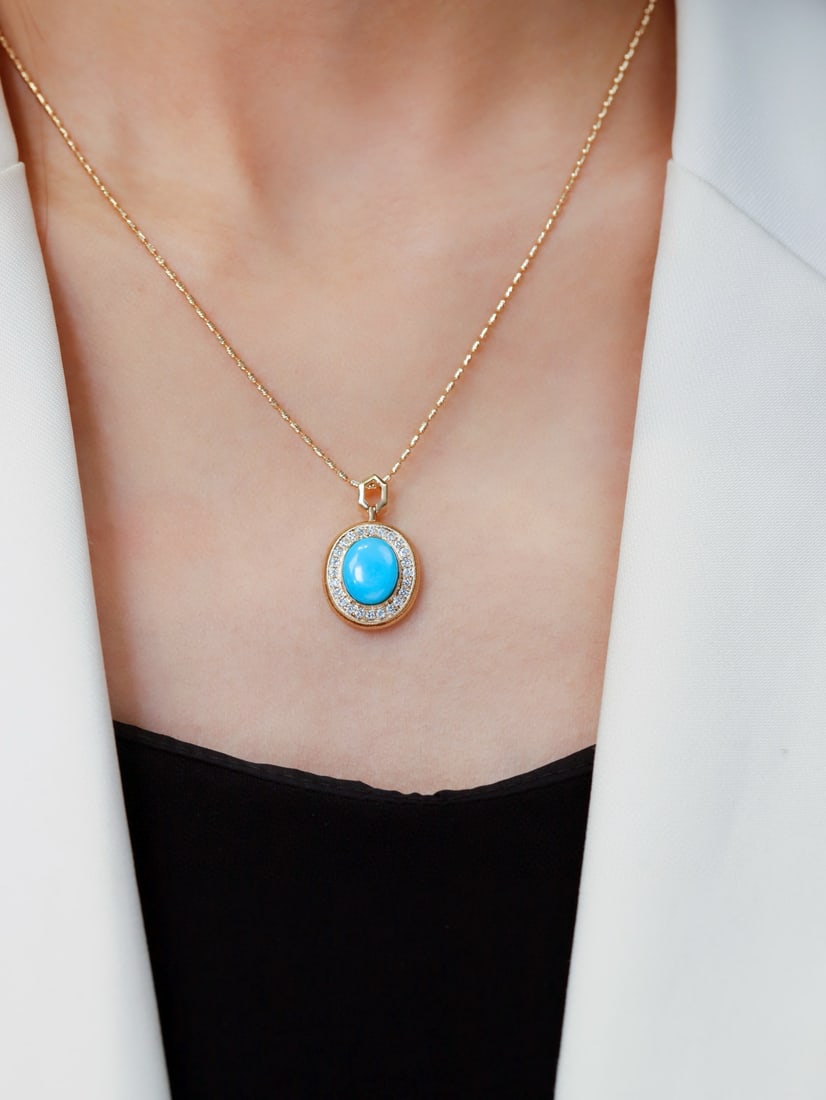 14k Gold 2.67 Ctw Natural Blue Turquoise & Diamond Pendant( Without Chain ) - 5