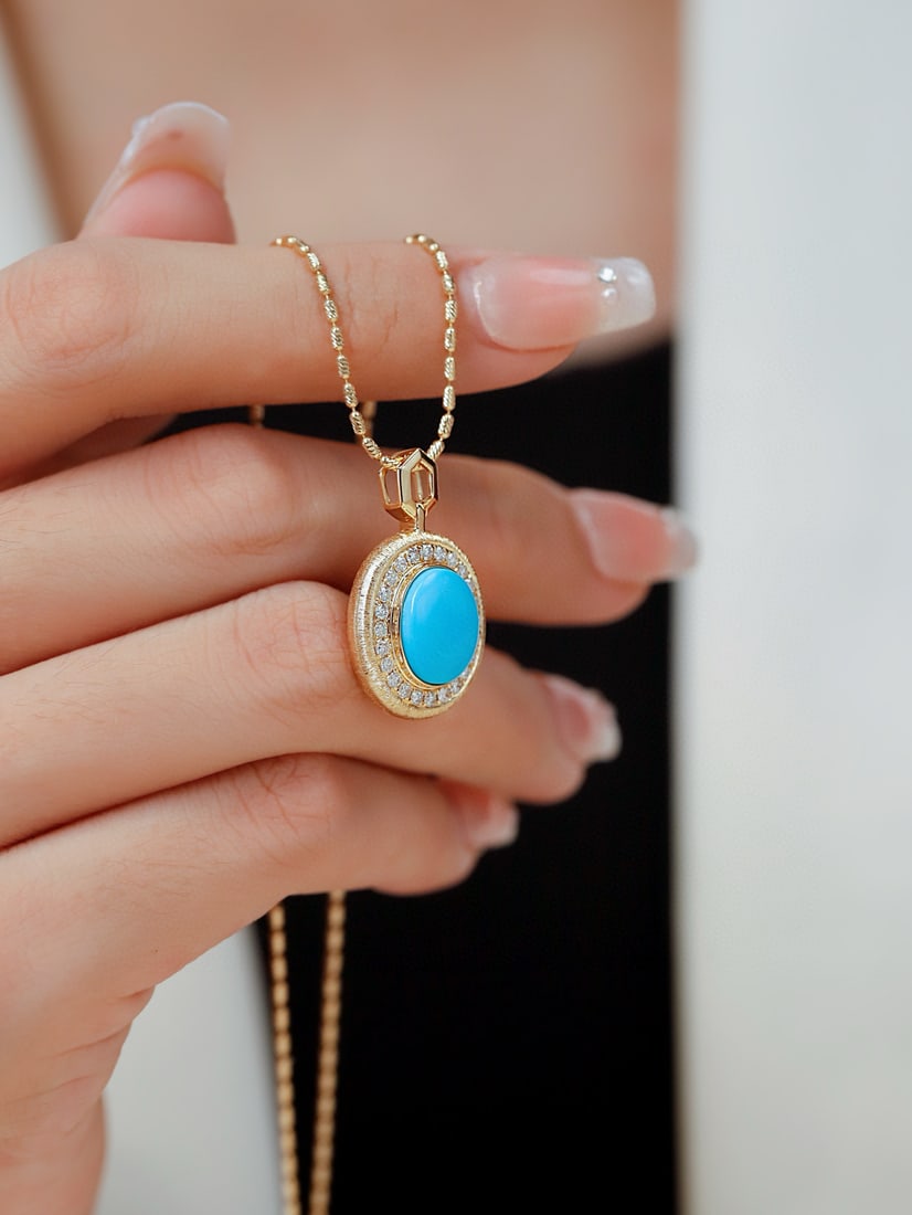 14k Gold 2.67 Ctw Natural Blue Turquoise & Diamond Pendant( Without Chain ) - 6