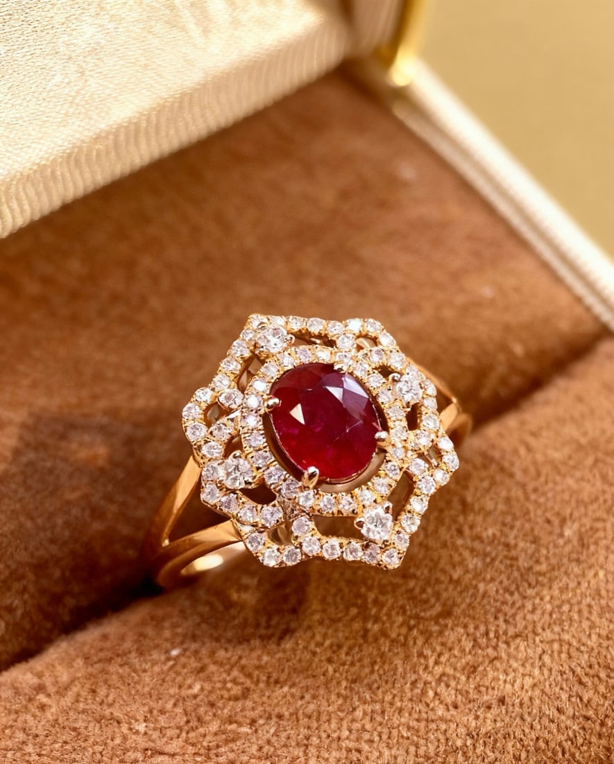 14k Gold 0.94 Ct Natural Ruby & Diamond Ring: Ref:231082327 // gold content:14k gold // ring size:7. 25us // // main gemstone:ruby // shape:oval // carat weight:0. 94ct // color:red // treatment:natural // // adjacent gemstone 2 : diamond //