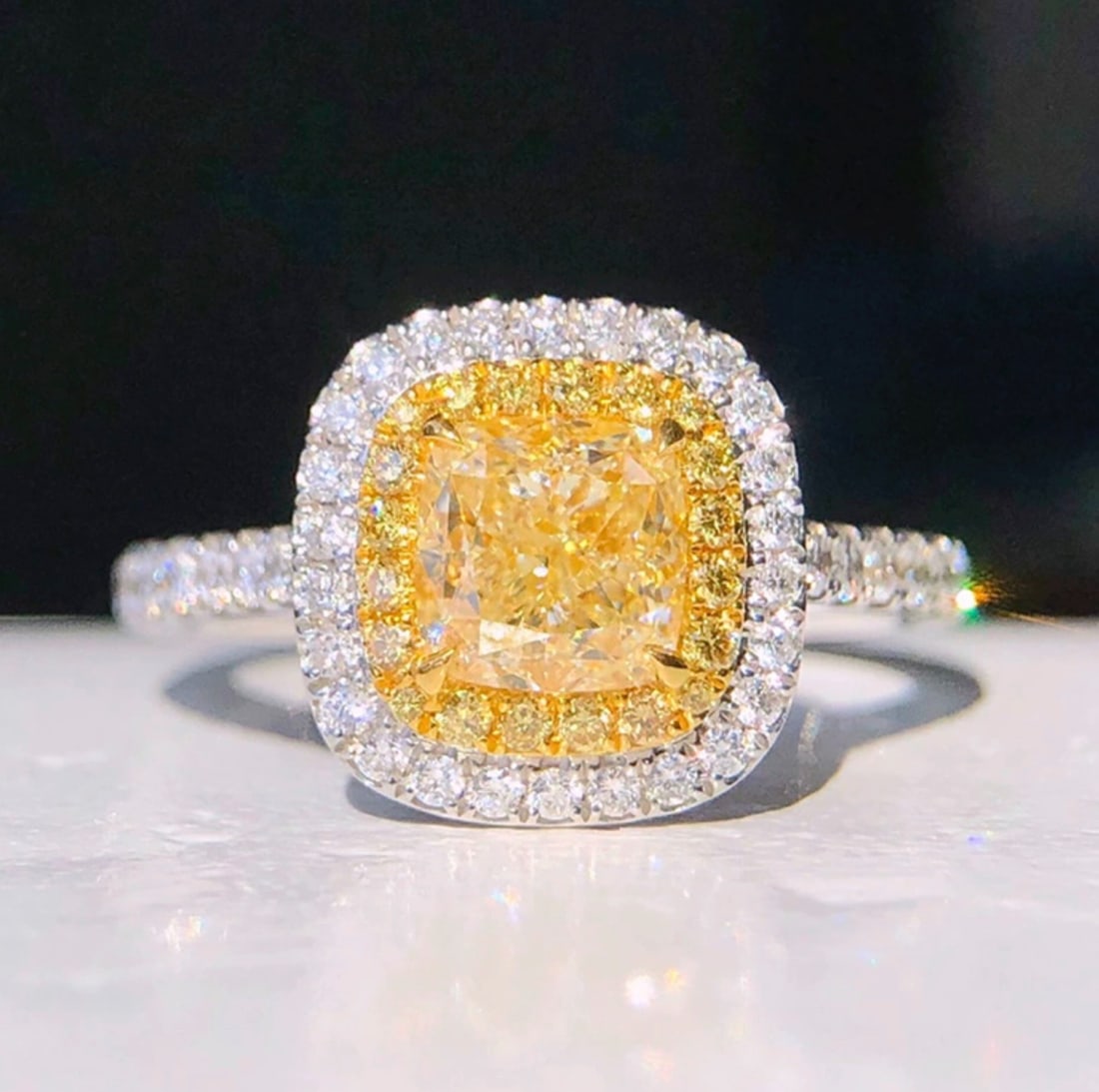 14k Gold 1.00 Ct Natural Yellow Diamond & Diamond Ring: Ref:231082329 // gold content:14k gold // ring size:7. 25us // // main gemstone:yellow diamond // shape:cushion // carat weight:1. 00ct // color:yellow // treatment:natural // // adjacent gemstone 2