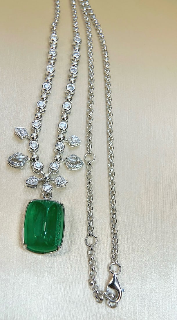 14k Gold 10.36 Ctw Vivid Green Natural Emerald & Diamond Necklace - 3