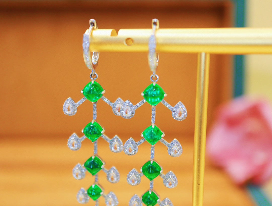 14k Gold 5.55 Ctw Vivid Green Natural Emerald & Diamond Earrings - 3