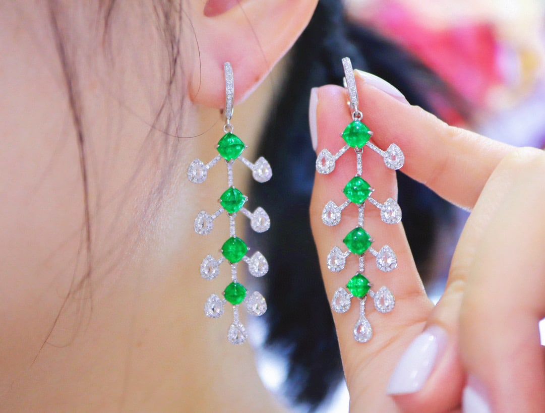 14k Gold 5.55 Ctw Vivid Green Natural Emerald & Diamond Earrings - 5