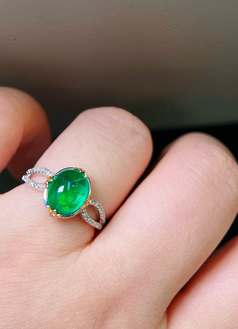 14k Gold 3.10 Ctw Vivid Green Natural Emerald & Diamond Ring - 7