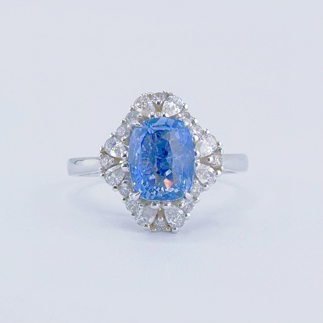 14k Gold 1.60 Ct Natural Sapphire & Diamond Ring: Ref:231082370 // gold content:14k gold // ring size:7. 25us // // main gemstone:sapphire // shape:cushion // carat weight:1. 60ct // color:blue // treatment:natural // // adjacent gemstone 2 :