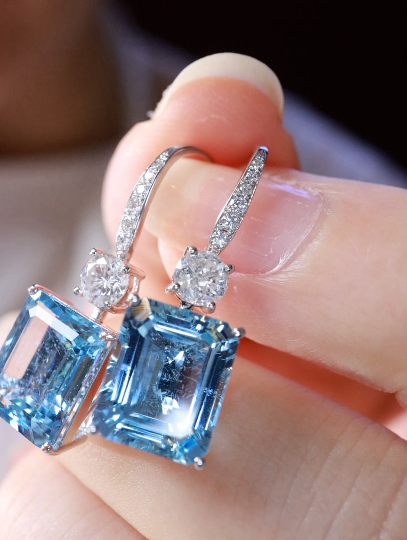 14k Gold 7.11 Ctw Natural Aquamarine & Diamond Earrings - 2
