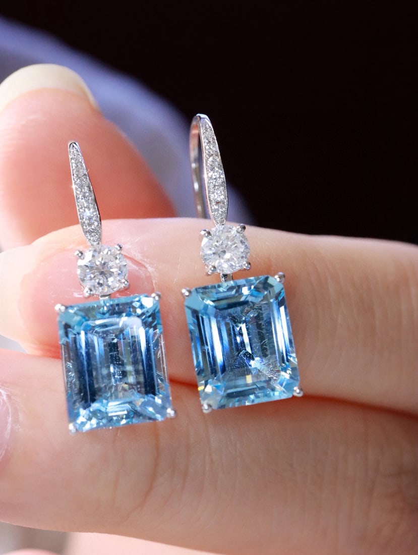 14k Gold 7.11 Ctw Natural Aquamarine & Diamond Earrings - 3