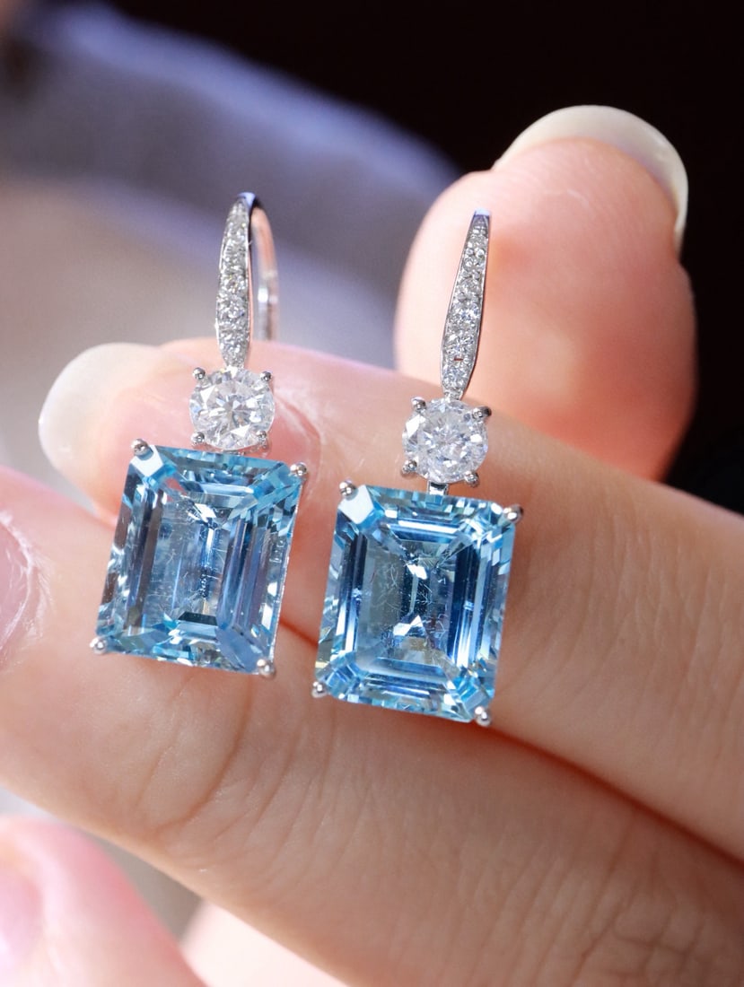 14k Gold 7.11 Ctw Natural Aquamarine & Diamond Earrings - 5