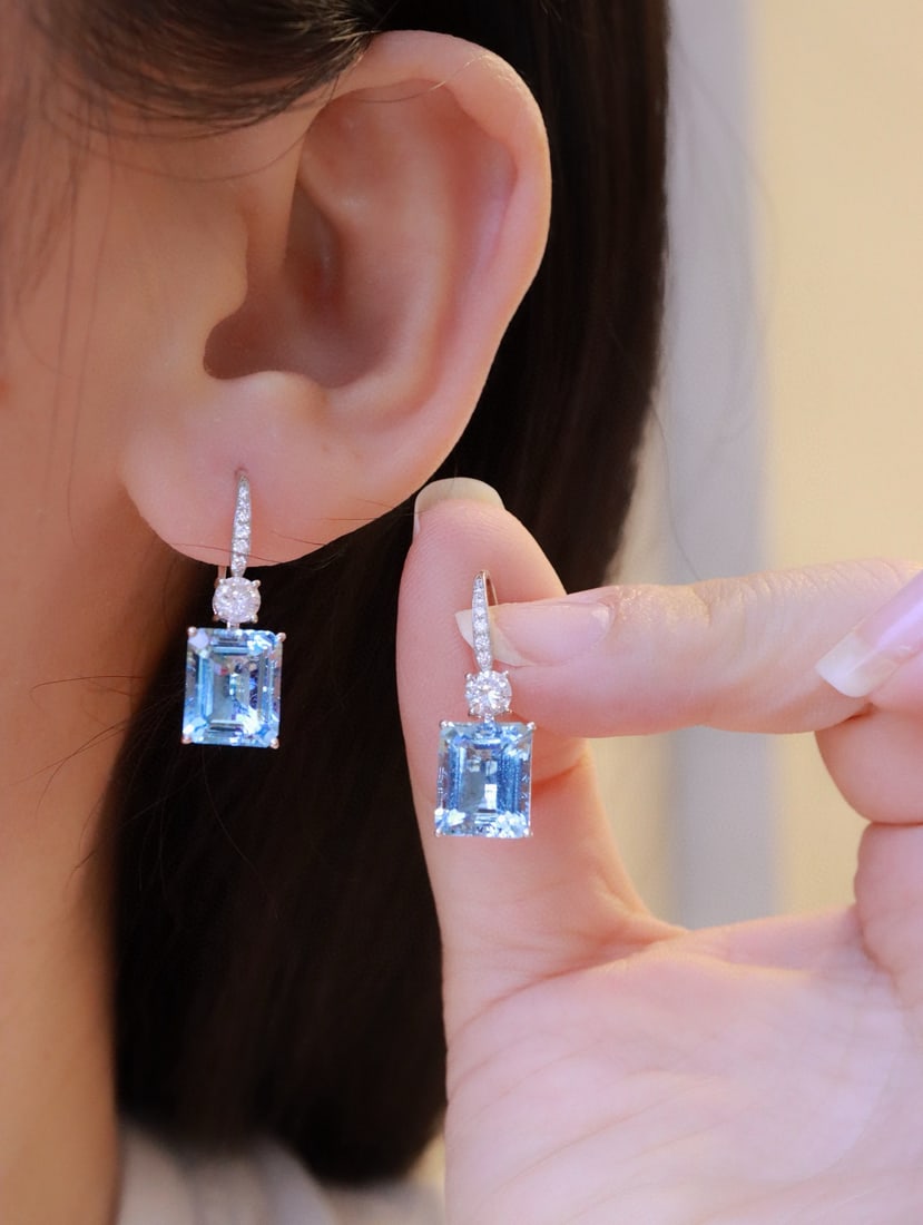 14k Gold 7.11 Ctw Natural Aquamarine & Diamond Earrings - 6