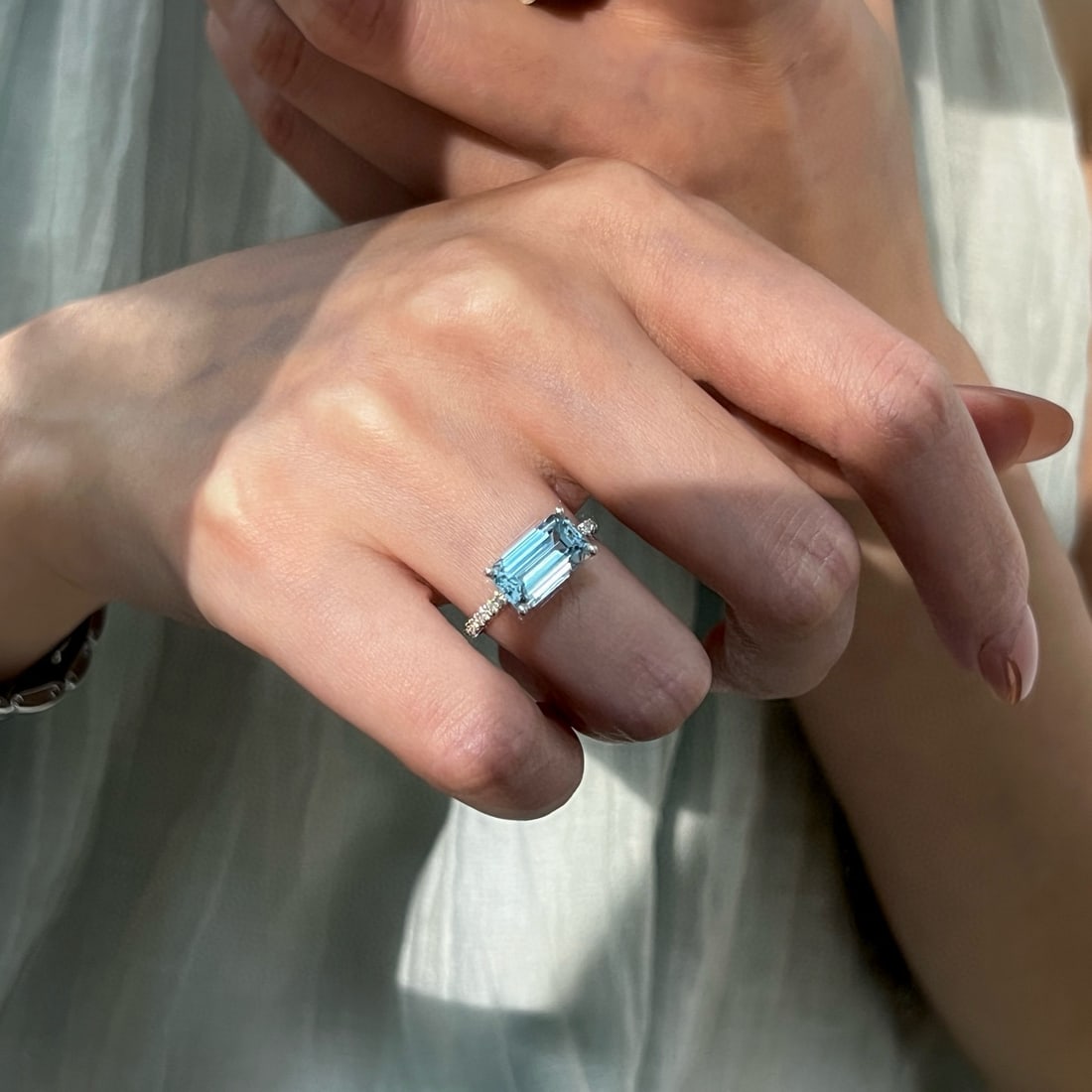 14k Gold 2.82 Ctw Natural Aquamarine & Lab Grown Diamond Ring - 3