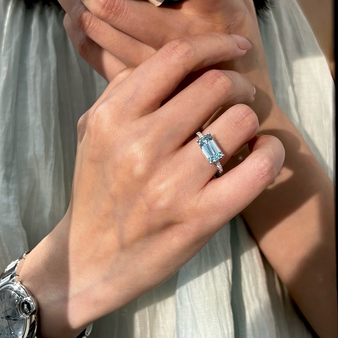 14k Gold 2.82 Ctw Natural Aquamarine & Lab Grown Diamond Ring - 4