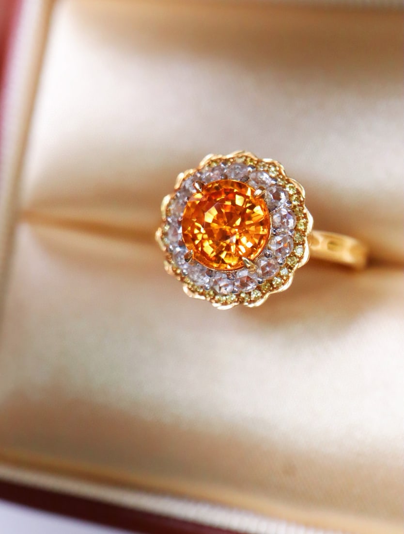 14k Gold 2.31 Ctw Natural Spessartine & Diamond Ring: Ref:231082436 // gold content:14k gold // ring size:7. 25us // // main gemstone:spessartine // shape:round // carat weight:1. 86ct // color:orange // treatment:natural // cut grade:g // // adjacent
