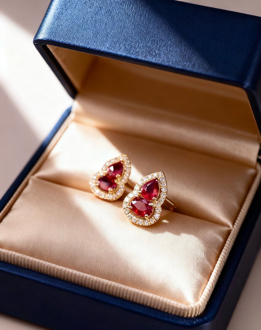 14k Gold 0.75 Ct Natural Ruby & Diamond Earrings: Ref:231082438 // gold content:14k gold // main gemstone:ruby // shape:multiple // carat weight:0. 75ct // color:pigeonblood red // treatment:natural // // adjacent gemstone 2 : diamond // shape:round 